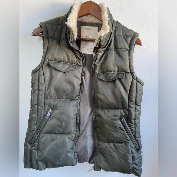 Zara Puffer Vest Removable Hood, Olive Green and Brown, Women's Large - Picture 7 of 11